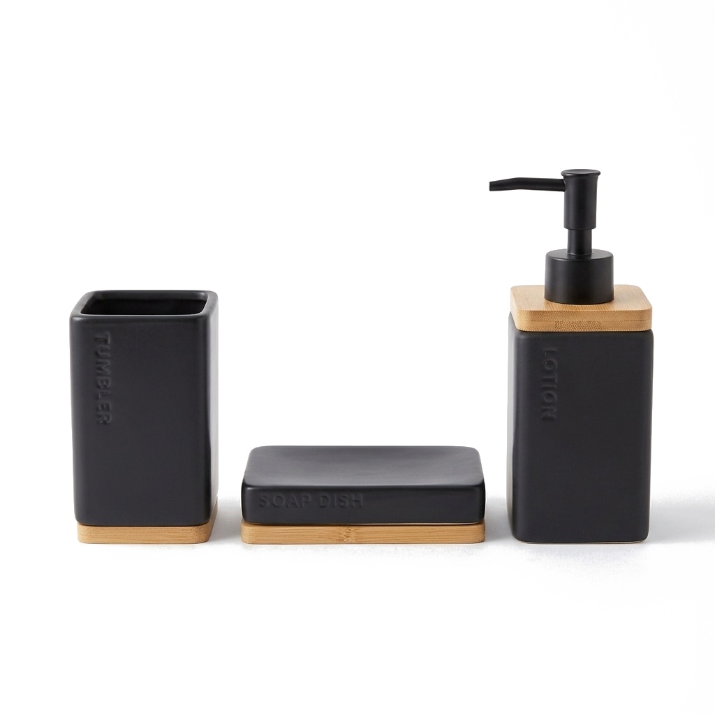 SET DE BAÑO CERAMICA Y BAMBU X 3