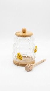 MIELERA VIDRIO TAPA Y CUCHARA BAMBU 480 ml.
