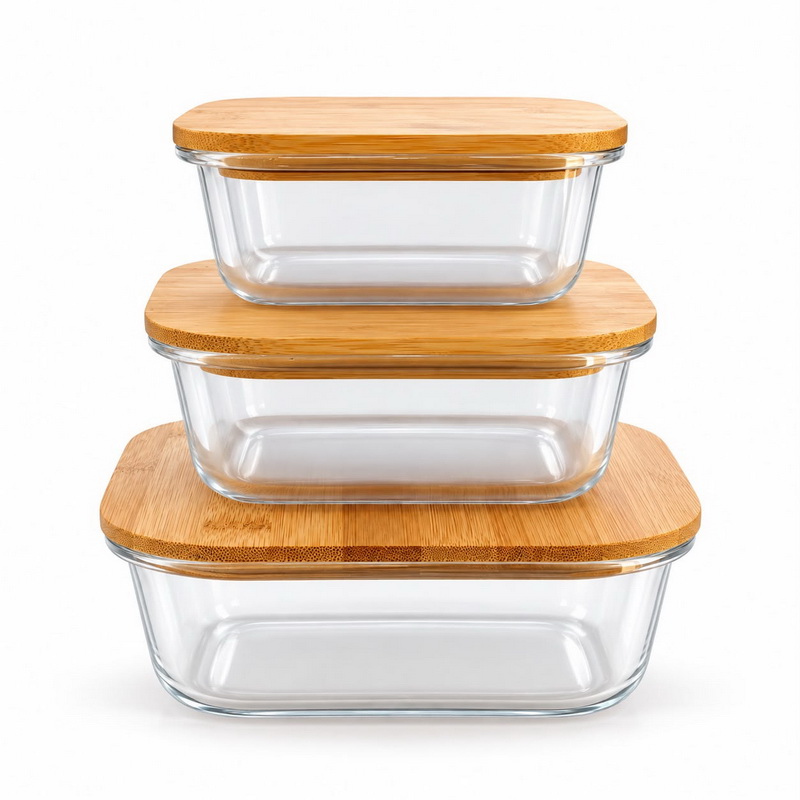 CONTENEDOR VIDRIO TAPA BAMBU X 3