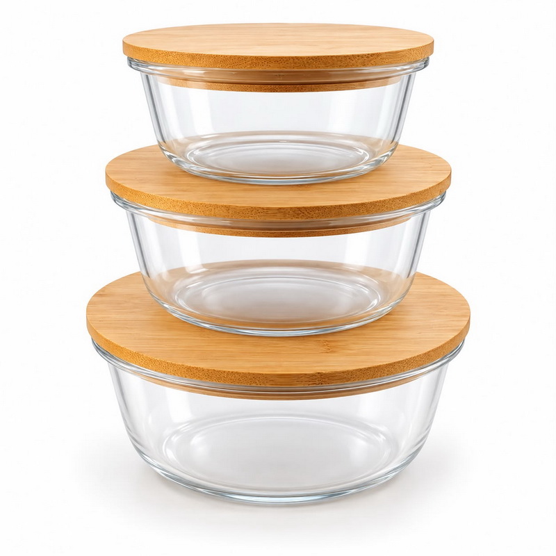 CONTENEDOR VIDRIO TAPA BAMBU X 3