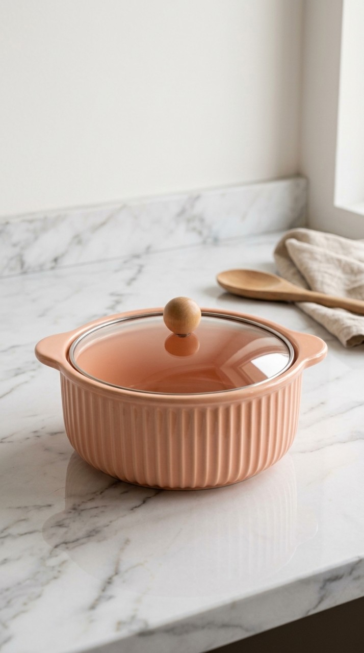 OLLA CERMICA ROSA CON TAPA VIDRIO
