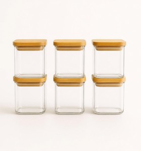 FRASCO VIDRIO ESPECIERO TAPA BAMBU x 6 200 ml.