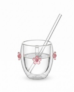 TAZA DOBLE VIDRIO APLIQUE Y SORBETE FLOR