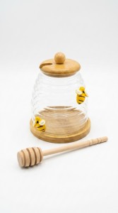 MIELERA VIDRIO TAPA BAMBU ABEJA