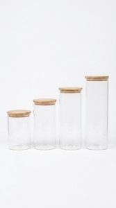 FRASCO REDONDO VIDRIO TAPA BAMBU X 4