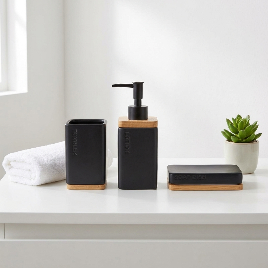 SET DE BAÑO CERAMICA Y BAMBU X 3