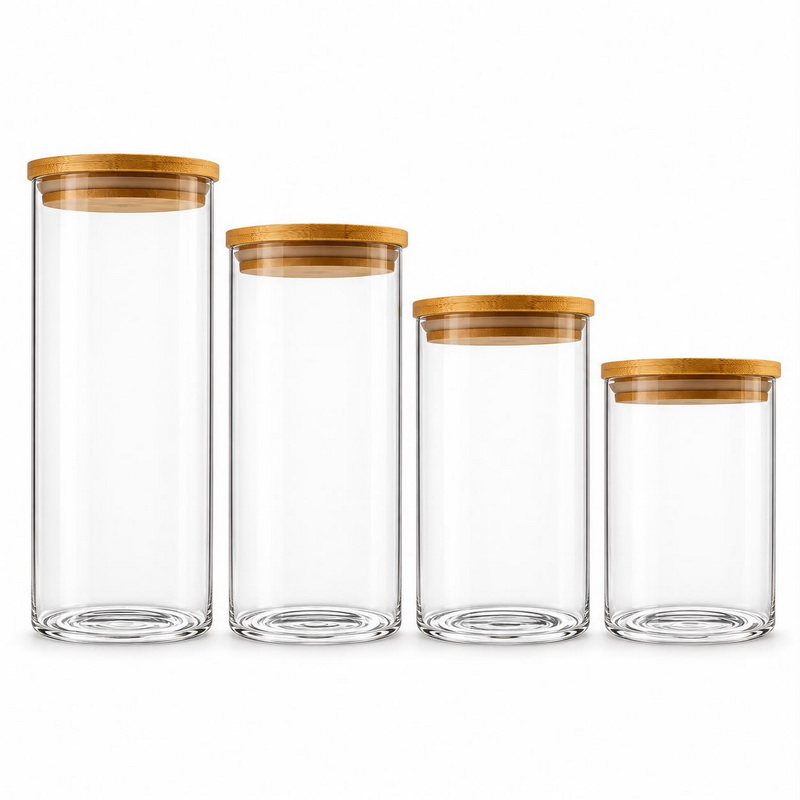 FRASCO REDONDO VIDRIO TAPA BAMBU X 4