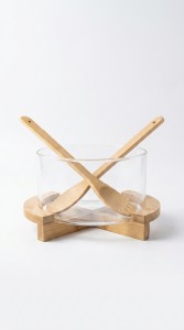 BOWL VIDRIO C/BASE & UTENSILLOS BAMBU