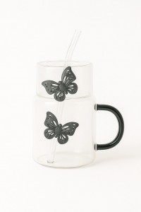 TAZA VIDRIO MARIPOSA NEGRA TAPA/SORBETE 450 ml.