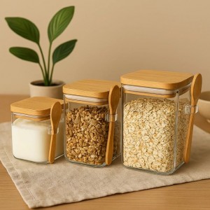 FRASCO VIDRIO TAPA Y CUCHARA BAMBU X 3 PCS.