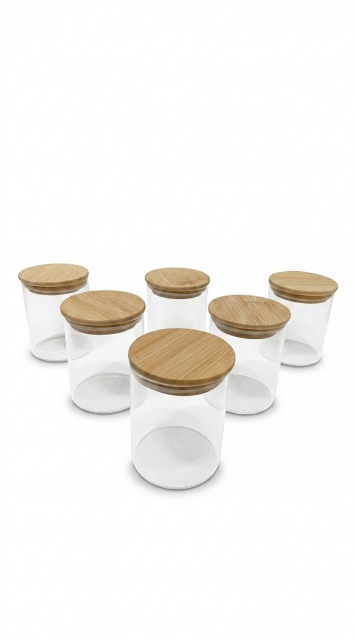 FRASCO VIDRIO ESPECIERO TAPA BAMBU X 6 200 ml.