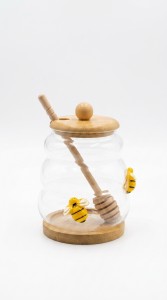 MIELERA VIDRIO CON TAPA CUCHARA BAMBU 480 ml.