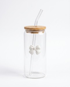 VASO VIDRIO C/TAPA BAMBU Y SORBETE MOÑO WHITE