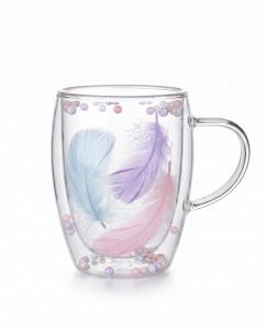 TAZA DOBLE VIDRIO PLUMAS 350 ml