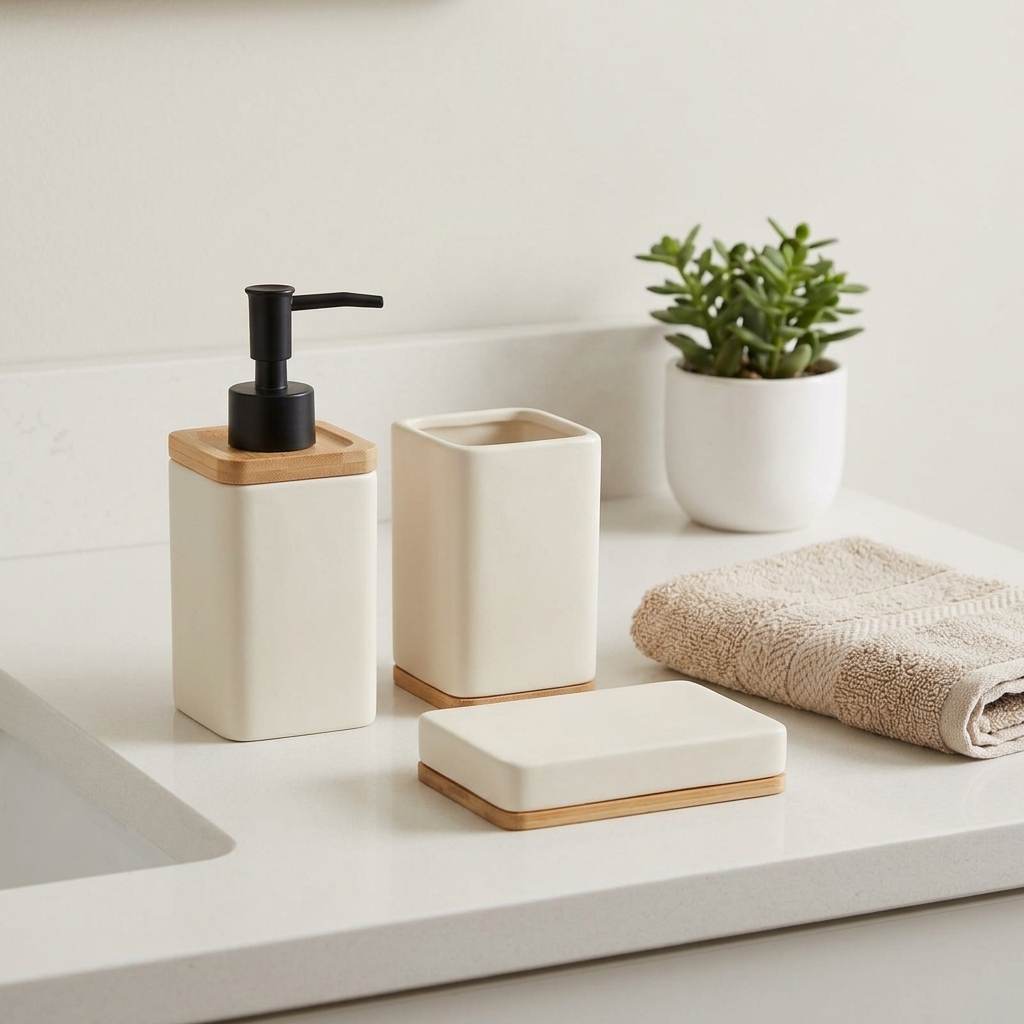 SET DE BAÑO CERAMICA Y BAMBU X 3