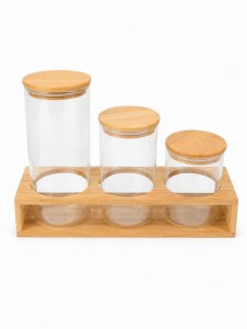FRASCO VIDRIO TAPA BAMBU X 3 CON BASE