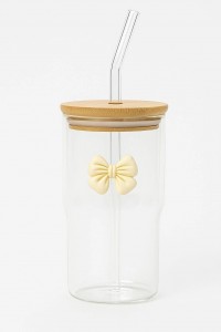 VASO VIDRIO C/TAPA BAMBU Y SORBETE MOÑO WHITE