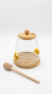 MIELERA VIDRIO TAPA Y CUCHARA BAMBU 480 ml.