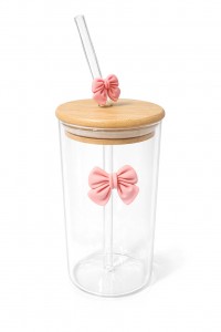 VASO VIDRIO T/BAMBU C/SORBETE MOÑO PINK