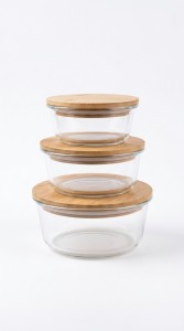 CONTENEDOR VIDRIO TAPA BAMBU X 3 PCS.