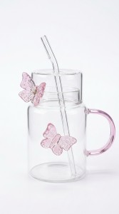 TAZA VIDRIO MARIPOSA ROSA TAPA/SORBETE 480 ml.