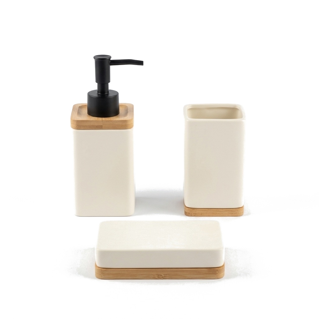 SET DE BAÑO CERAMICA Y BAMBU X 3
