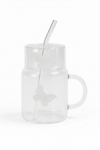 TAZA VIDRIO MARIPOSA BLANCA TAPA/SORBETE 450 ml.