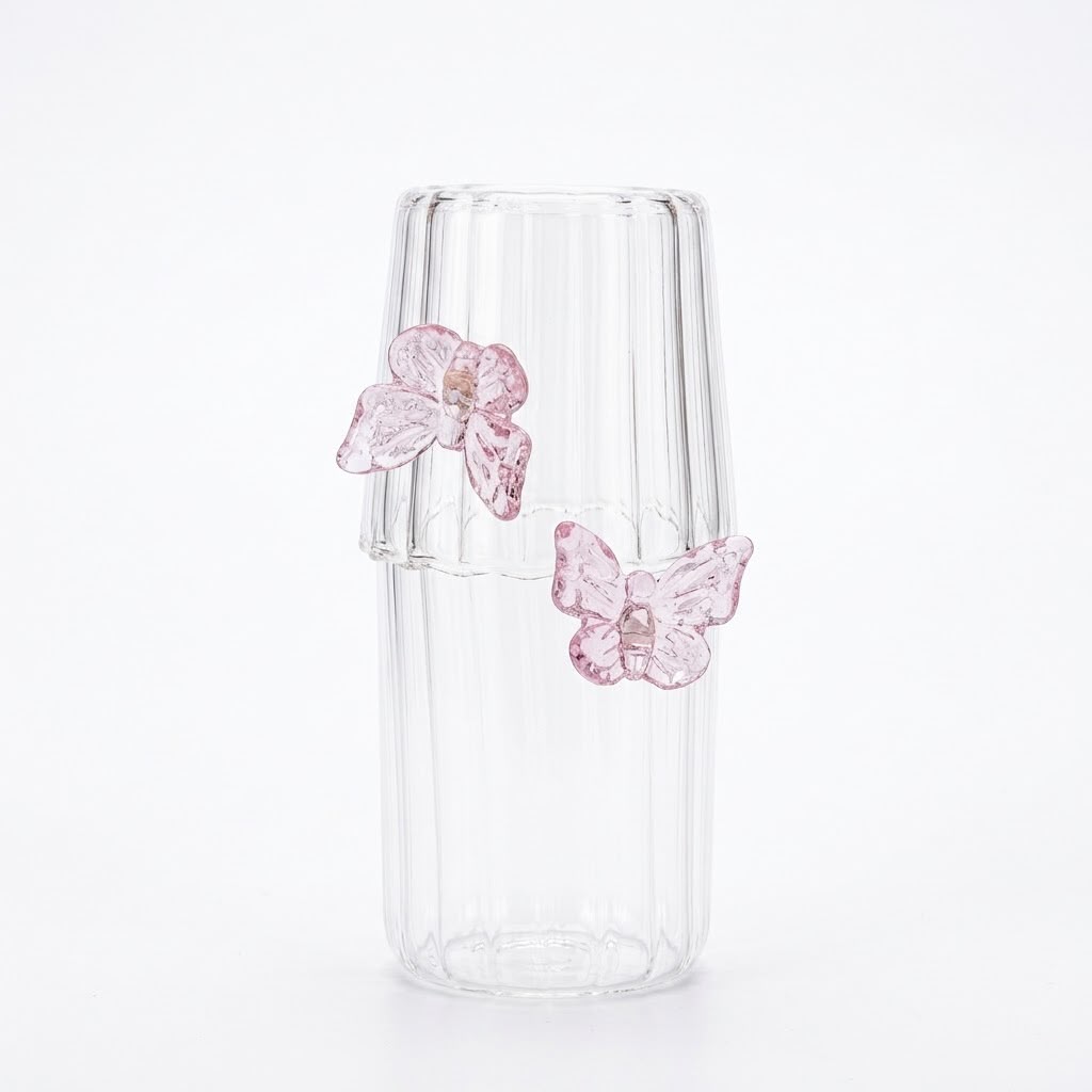 BOTELLA CON VASO VIDRIO MARIPOSA