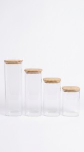 FRASCOS CUADRADO VIDRIO TAPA BAMBU X 4