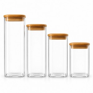 FRASCOS CUADRADO VIDRIO TAPA BAMBU X 4