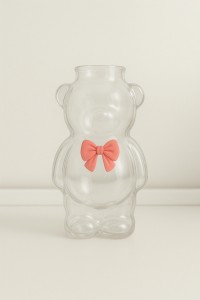 VASO VIDRIO OSO CON MOÑO ROSA 320 ml