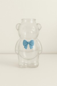 VASO VIDRIO OSO CON MOÑO CELESTE 320 ml