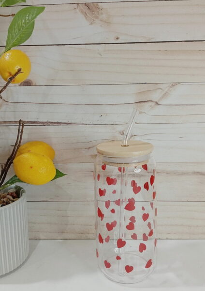 VASO VIDRIO T/BAMBU Y SORBETE 500ML. CORAZON
