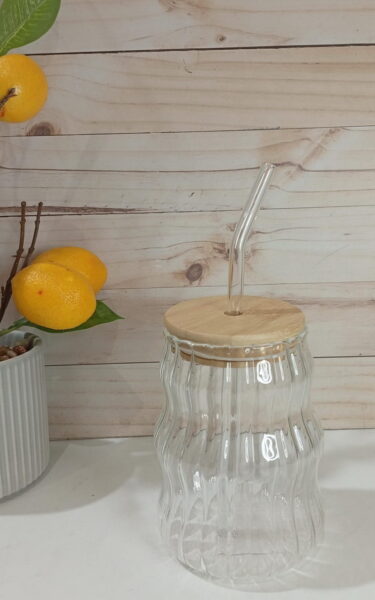 VASO VIDRIO T/BAMBU Y SORBETE 500ML.
