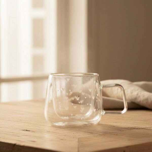 TAZA VIDRIO DOBLE 400ML CORAZON WHITE